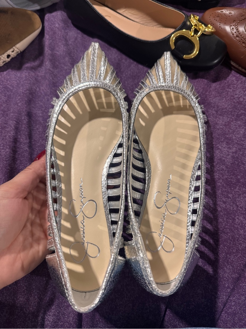 Jessica Simpson Silver Pointed-Toe Cutout Ballet Flats